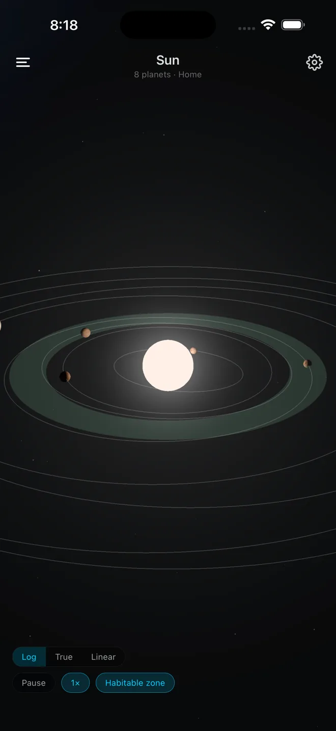 ExoExplorer showing the Solar System in 3D: the Sun at the centre, the planets on their orbits, and the Sun’s habitable zone shaded green.