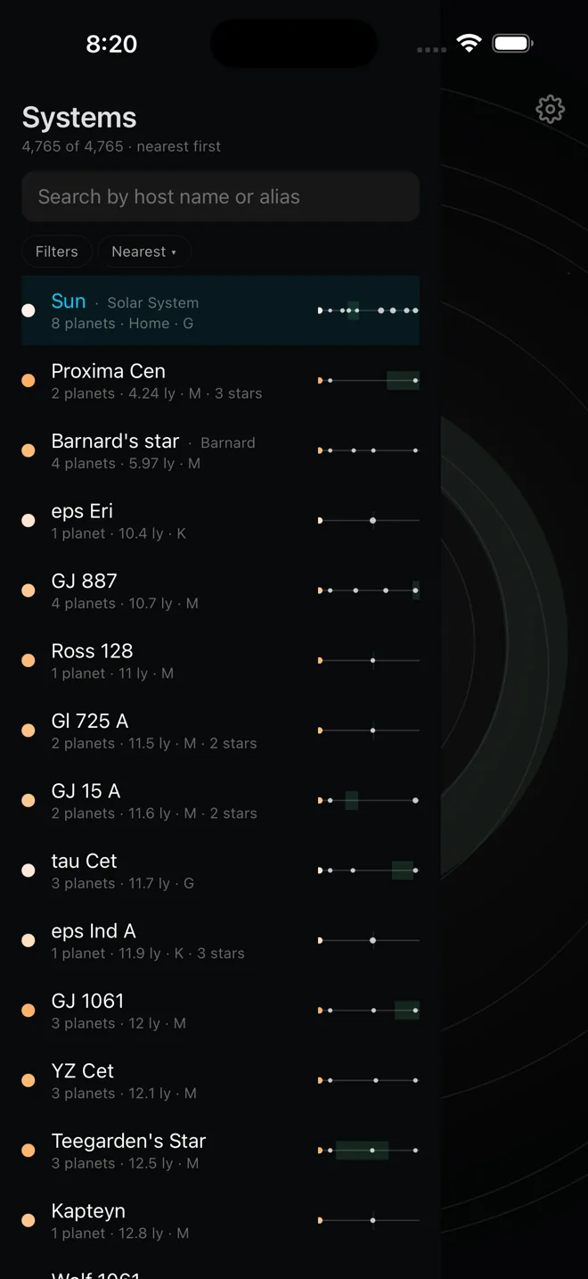 The system list sorted nearest first — the Sun, Proxima Cen, Barnard’s star, eps Eri and more — each with a strip showing where its planets and habitable zone lie.