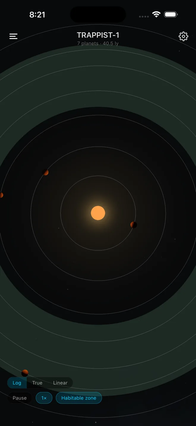 TRAPPIST-1 seen from above: the red dwarf at the centre, the orbits of its seven planets, and a wide habitable zone shaded green.